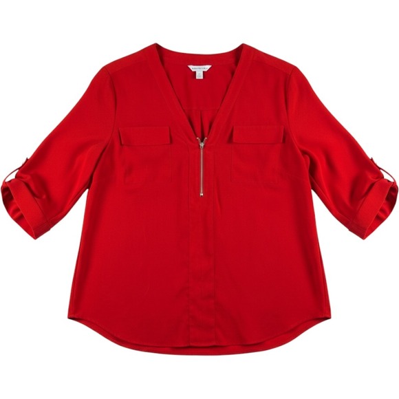 Boutique Tops - Boutique Women Red Zip V-Neck 3/4 Tab Sleeve Blouse Plus Size 1X